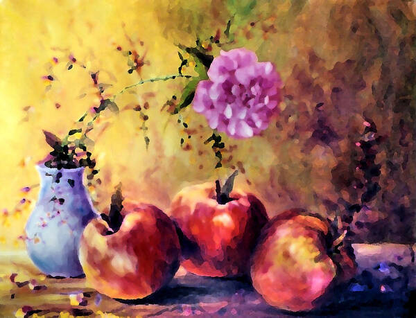 Still Life Art Print featuring the painting Pink Rose And Apples by Ellen Lerner ODonnell