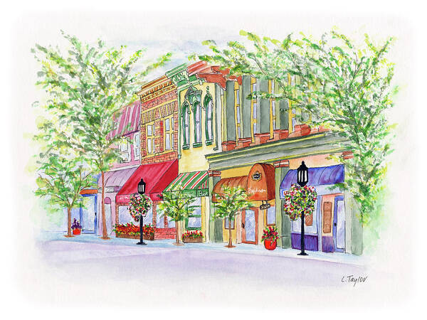 Ashland Oregon Art Print featuring the painting Plaza Shops by Lori Taylor