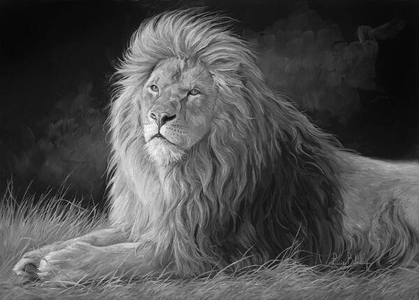 Lion Art Print featuring the painting Pleasant Breeze - Black and White by Lucie Bilodeau