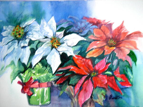 Poinsettias Art Print featuring the painting Poinsettia Gifts by Judy Fischer Walton