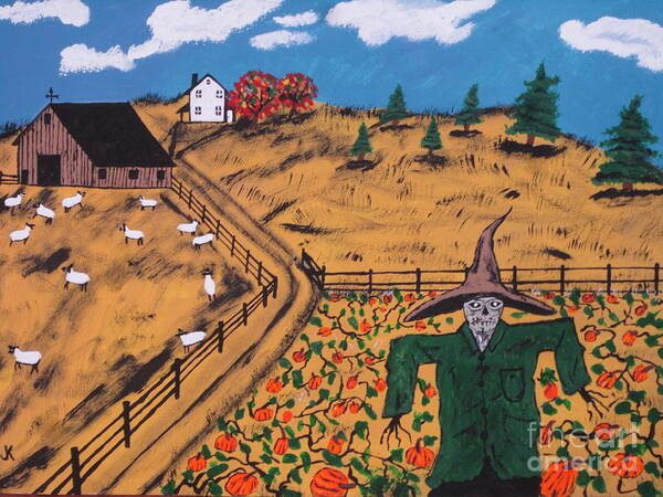 Halloween Art Art Print featuring the painting Halloween Pumpkin Patch Scarecrow Painting by Jeffrey Koss