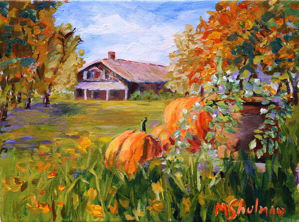 Pumpkins Art Print featuring the painting Pumpkins in the fall. by Madeleine Shulman