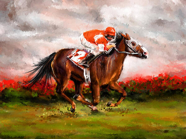 Horse Racing Art Print featuring the painting Quest For The Win - Horse Racing Art by Lourry Legarde