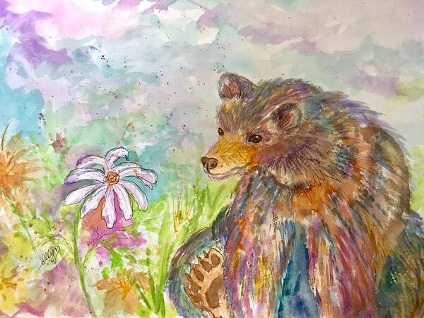 Rainbow Bear Art Print featuring the painting Rainbow Bear and Wildflowers by Ellen Levinson