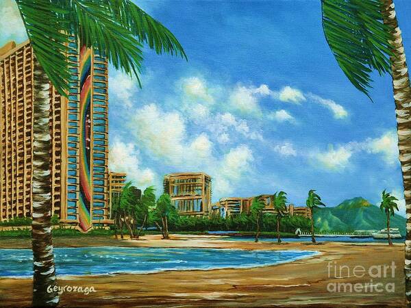 Hilton Hawaiian Village Art Print featuring the painting Rainbow Tower by Larry Geyrozaga