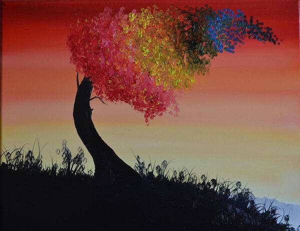 An Abstract Oil Painting Of A Tree Bending In The Wind. The Leaves Are Different Colors To Represent A Rainbow. Art Print featuring the painting Rainbow Tree by Martin Schmidt