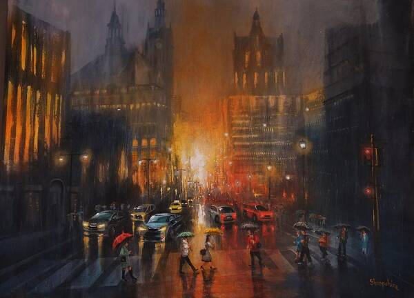 City Rainy Art Print featuring the painting Rainy Night by Tom Shropshire