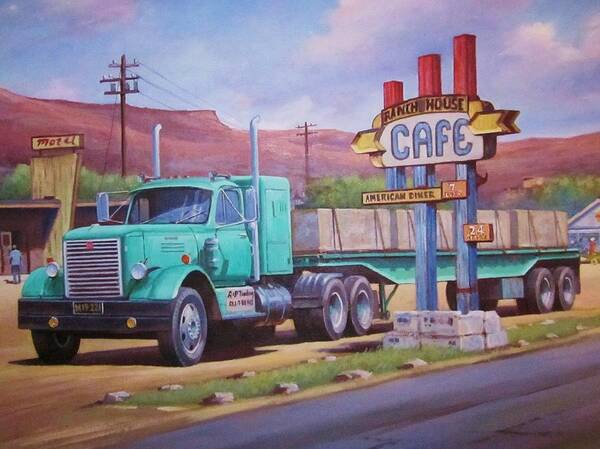 Truckstop Art Print featuring the painting Ranch House truckstop. by Mike Jeffries