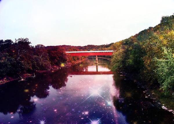 Covered Bridge Art Print featuring the mixed media Red Bridge at Twilight by Stacie Siemsen