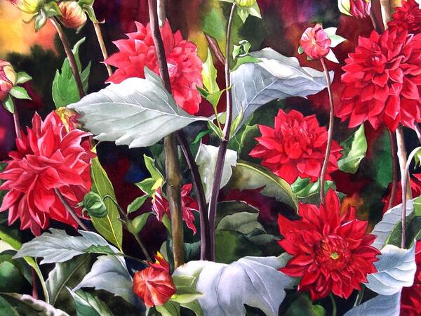 Flower Art Print featuring the painting Red Dahlias by Alfred Ng