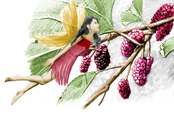 Fairy Art Print featuring the digital art Red Mulberry Tree Fairy with Berries by Yuichi Tanabe