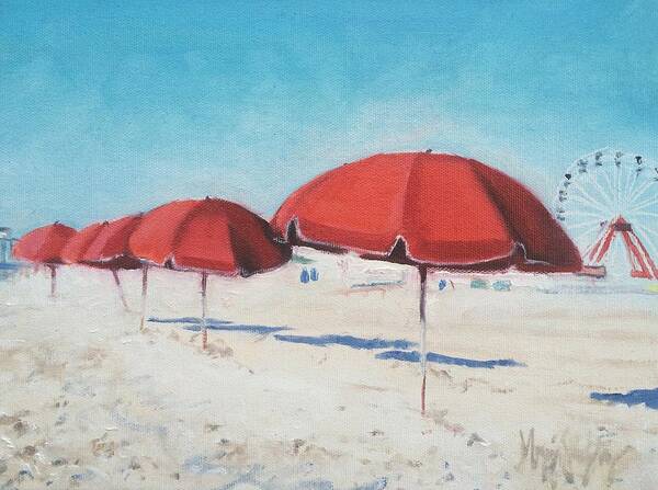 Beach Art Print featuring the painting Red Umbrellas Very Early by Maggii Sarfaty