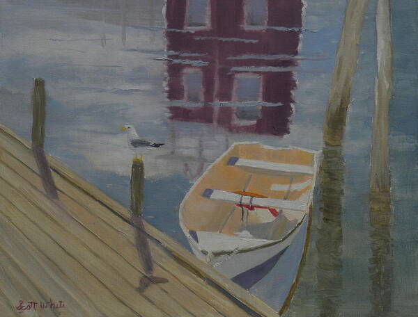 Reflection Red Boat Dock Harbor Seagull Ocean Building Landscape Art Print featuring the painting Reflection In Red by Scott W White