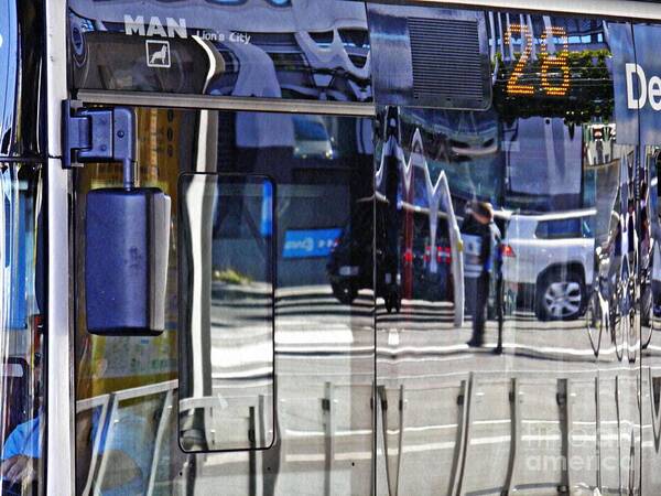 Bus Art Print featuring the photograph Reflections on a Bus in Mainz 2 by Sarah Loft