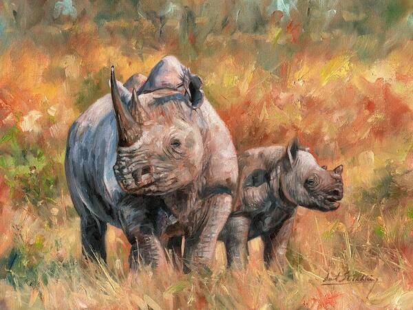 Rhino Art Print featuring the painting Rhinos by David Stribbling