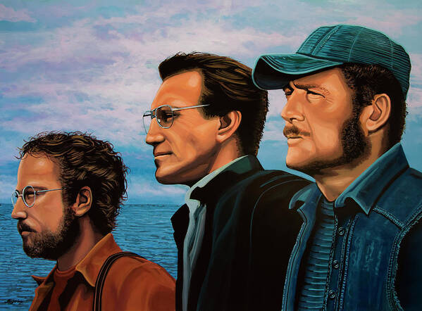 Jaws Art Print featuring the painting Jaws with Richard Dreyfuss, Roy Scheider and Robert Shaw by Paul Meijering