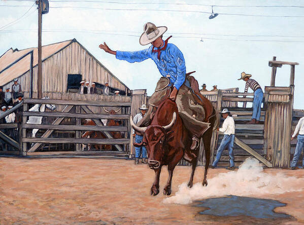 Bull Art Print featuring the painting Ride 'em Cowboy by Tom Roderick