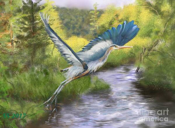 Great Blue Heron Art Print featuring the painting Rising Free by Susan Sarabasha