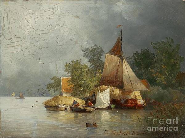 Andreas Achenbach Art Print featuring the painting River Landscape With Barges by MotionAge Designs