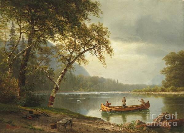 Landscape; Rural; Countryside; Canadian; Fishermen; Boat; Leisure; Calm; Peaceful; Kayak; Camp; Campfire; Fire; Kettle; Scenic; Riverbank Art Print featuring the painting Salmon fishing on the Caspapediac River by Albert Bierstadt