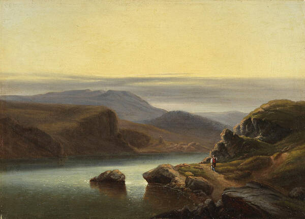 Robert Kummer Art Print featuring the painting Scottish landscape with fisherman on the shore by Robert Kummer