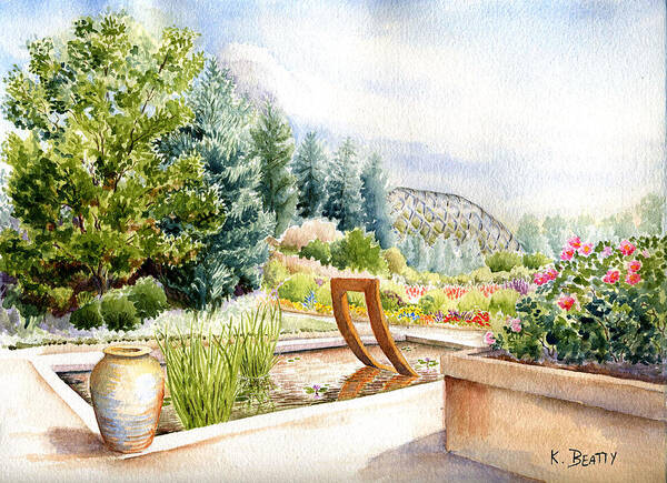 Watercolor Landscape Art Print featuring the painting Sculpture Pool at Denver Botanic Gardens by Karla Beatty