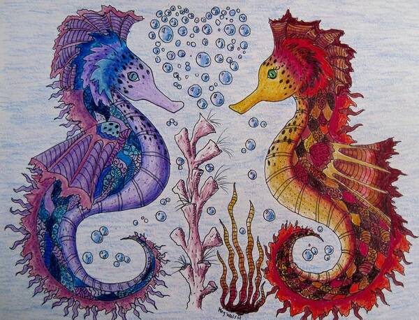 Drawings Art Print featuring the drawing Sea horses in love by Megan Walsh