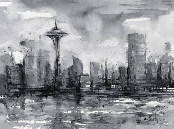 Seattle Art Print featuring the painting Seattle Skyline Painting Watercolor by Olga Shvartsur