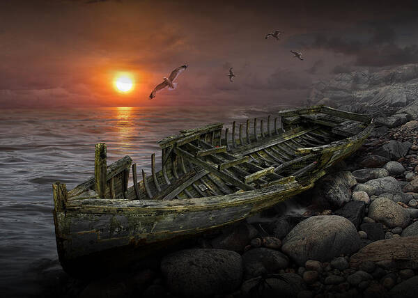 Shipwreck Art Print featuring the photograph Shipwreck at Sunset by Randall Nyhof