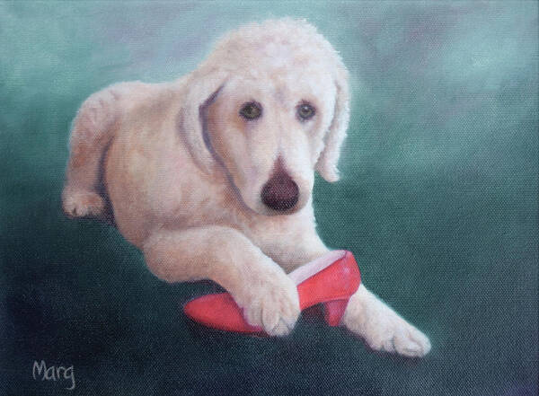Dog With Shoe Art Print featuring the painting Shoe Fetish by Marg Wolf