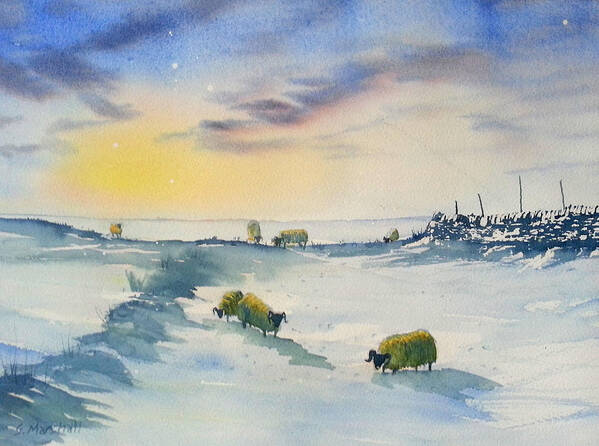 Glenn Marshall Yorkshire Artist Art Print featuring the painting Snow and Sheep on the Moors by Glenn Marshall
