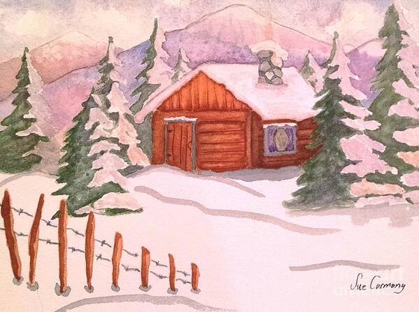 Cabin Art Print featuring the painting Snowed In by Sue Carmony
