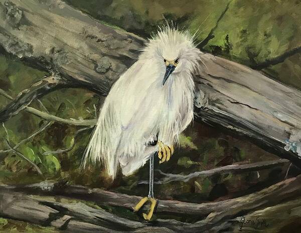 Landscape Art Print featuring the painting Snowy Egret by Gloria Smith