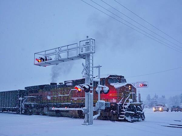 Snow Art Print featuring the photograph Snowy Train Crossing by Dutch Bieber