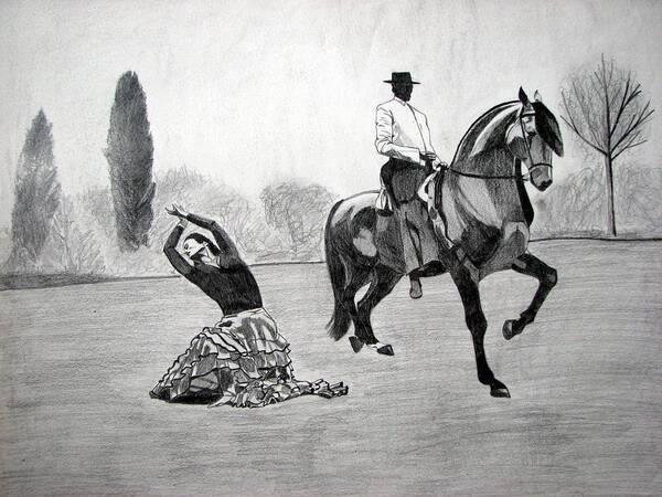 Horse Art Print featuring the drawing Spanish dance by Melita Safran