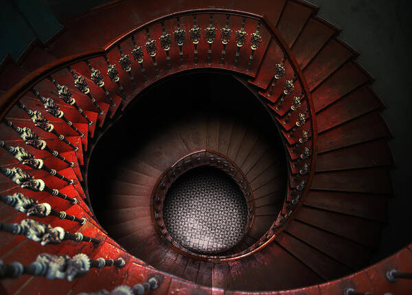 Spiral Art Print featuring the photograph Spiral staircase in red tones by Jaroslaw Blaminsky