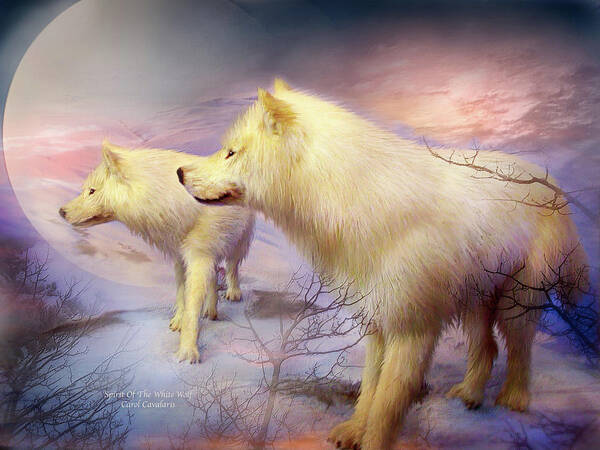 White Wolf Art Print featuring the mixed media Spirit Of The White Wolf by Carol Cavalaris