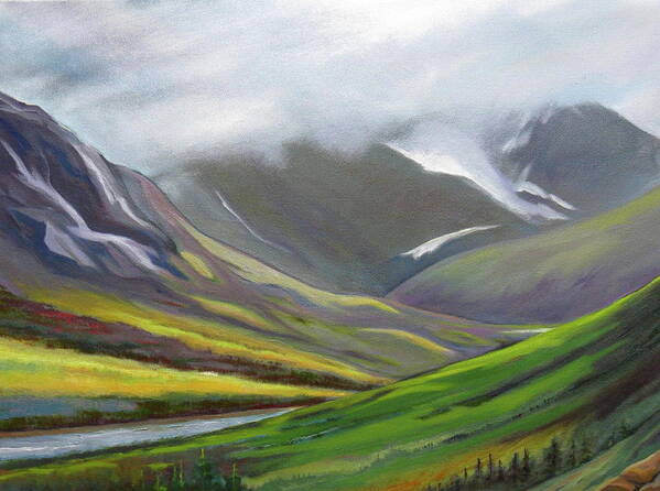 Alaska Art Print featuring the painting Mountain Valley in Alaska Oil Painting, Splendor by Shirley Galbrecht