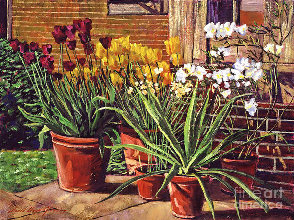Patio Art Print featuring the painting Spring Tulips and White Azaleas by David Lloyd Glover