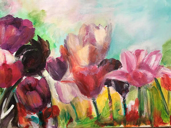 Tulips Art Print featuring the painting Spring Tulips by Denice Palanuk Wilson