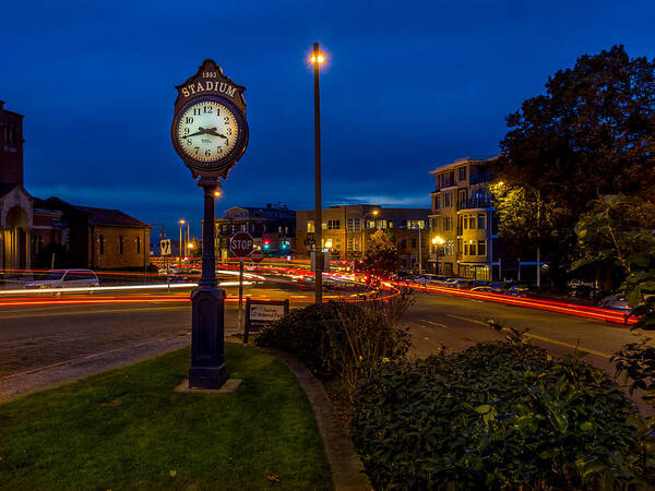 Clock Art Print featuring the photograph Stadium Clock During the Blue Hour by Rob Green