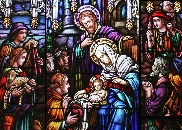 Stained Glass Art Print featuring the painting Stained Glass Nativity Scene by Munir Alawi