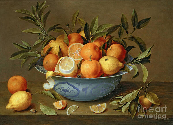 Still Art Print featuring the painting Still Life with Oranges and Lemons in a Wan-Li Porcelain Dish by Jacob van Hulsdonck