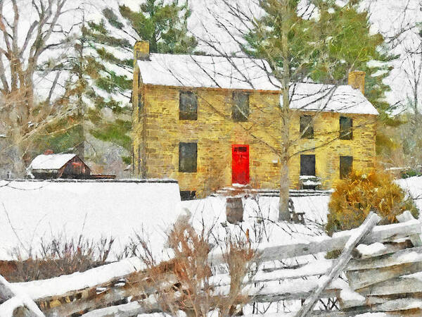 Stone House Art Print featuring the digital art Stone House at the Oliver Miller Homestead in Winter by Digital Photographic Arts
