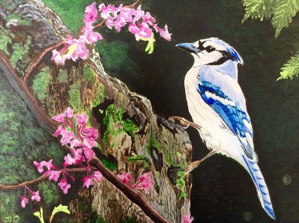 Blue Jay Art Print featuring the painting Stump sitter by Sonja Jones