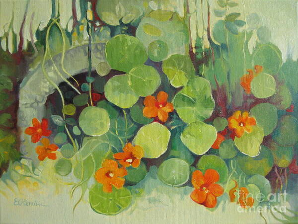 Nasturtiums Art Print featuring the painting Summer in the garden by Elena Oleniuc