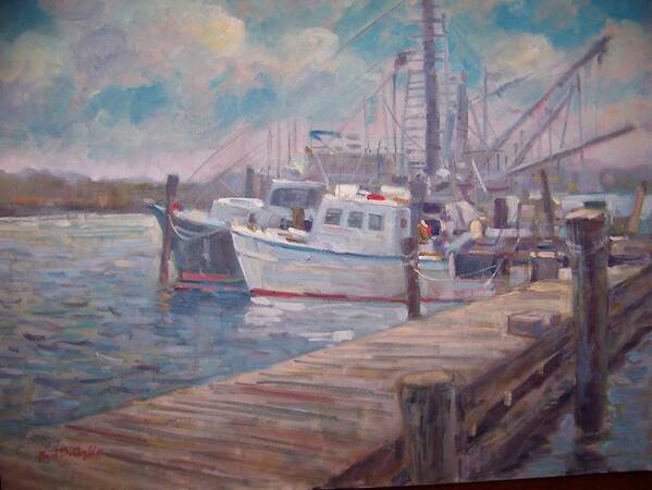 Fishing Boats At A Long Island Marina Art Print featuring the painting Sunny marina by Bart DeCeglie
