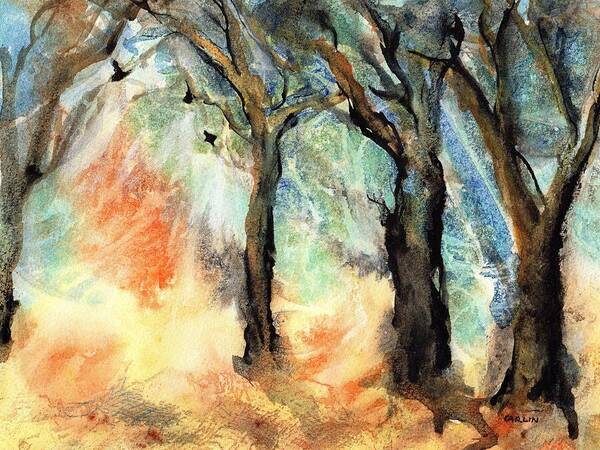 Trees Art Print featuring the painting Sunny Wooded Feel by Carlin Blahnik CarlinArtWatercolor