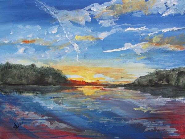 Lake Art Print featuring the painting Sunset Bliss on Chute Pond by Terri Einer