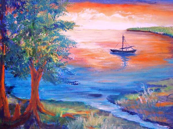 Boat Art Print featuring the painting Sunset Sailing by Anne Dentler